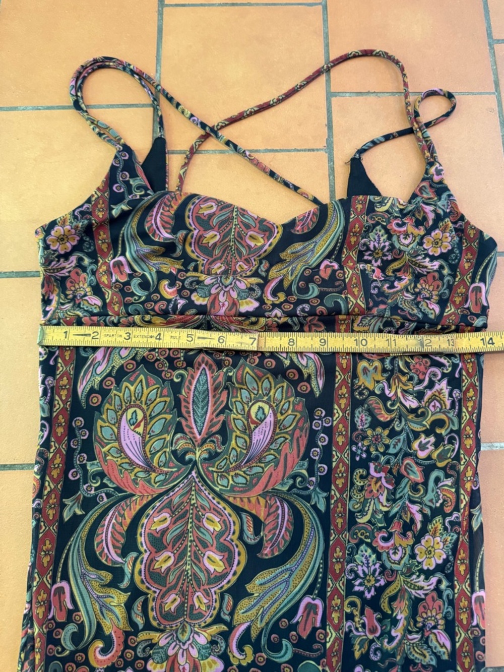 90s Vintage Paisley Maxi Dress Crisscross Back - Mesh  dress open strappy back - Picture 7 of 13